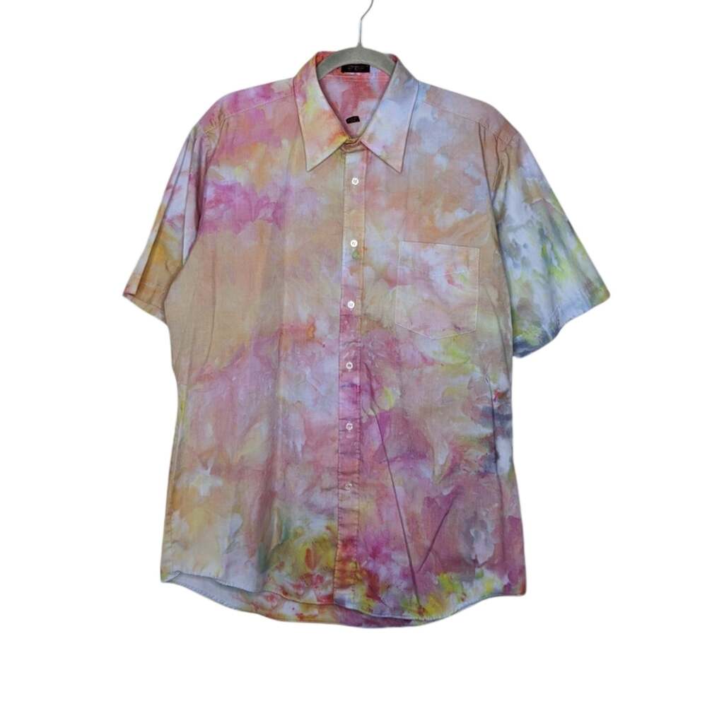 Vintage 70s 80s Workwear Button Shirt Thin Custom Ice Tie Dye Shirt Top VTG Art